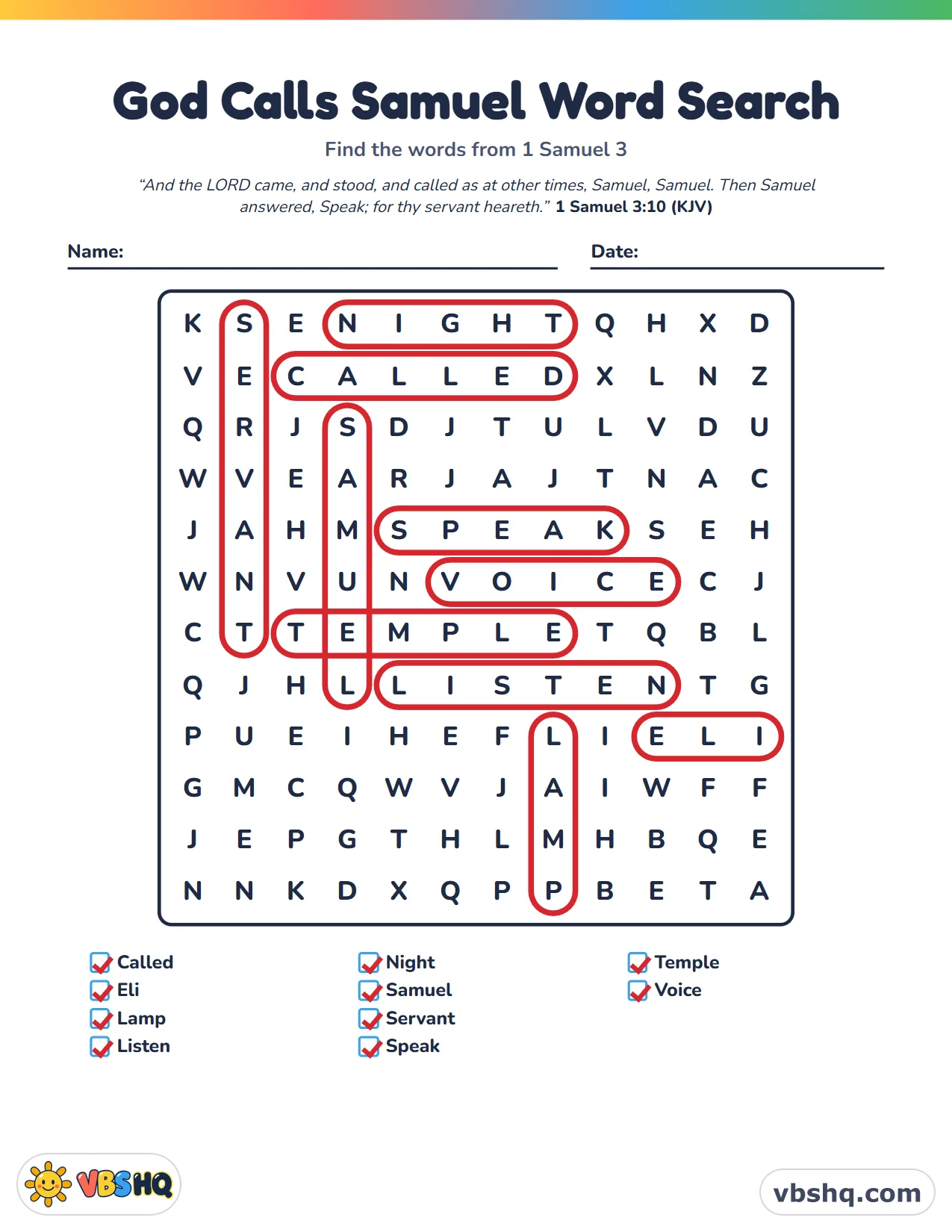 God Calls Samuel Word Search, completed