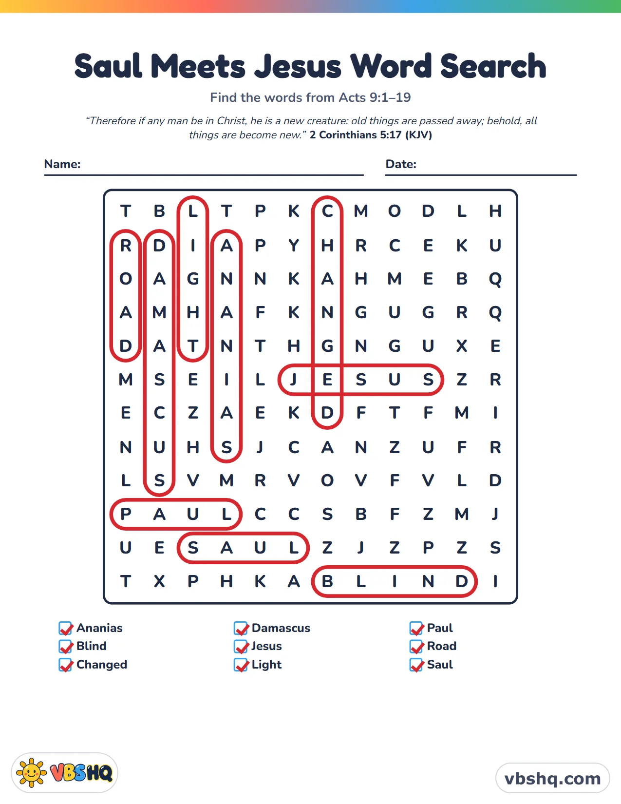 Saul Meets Jesus Word Search, completed