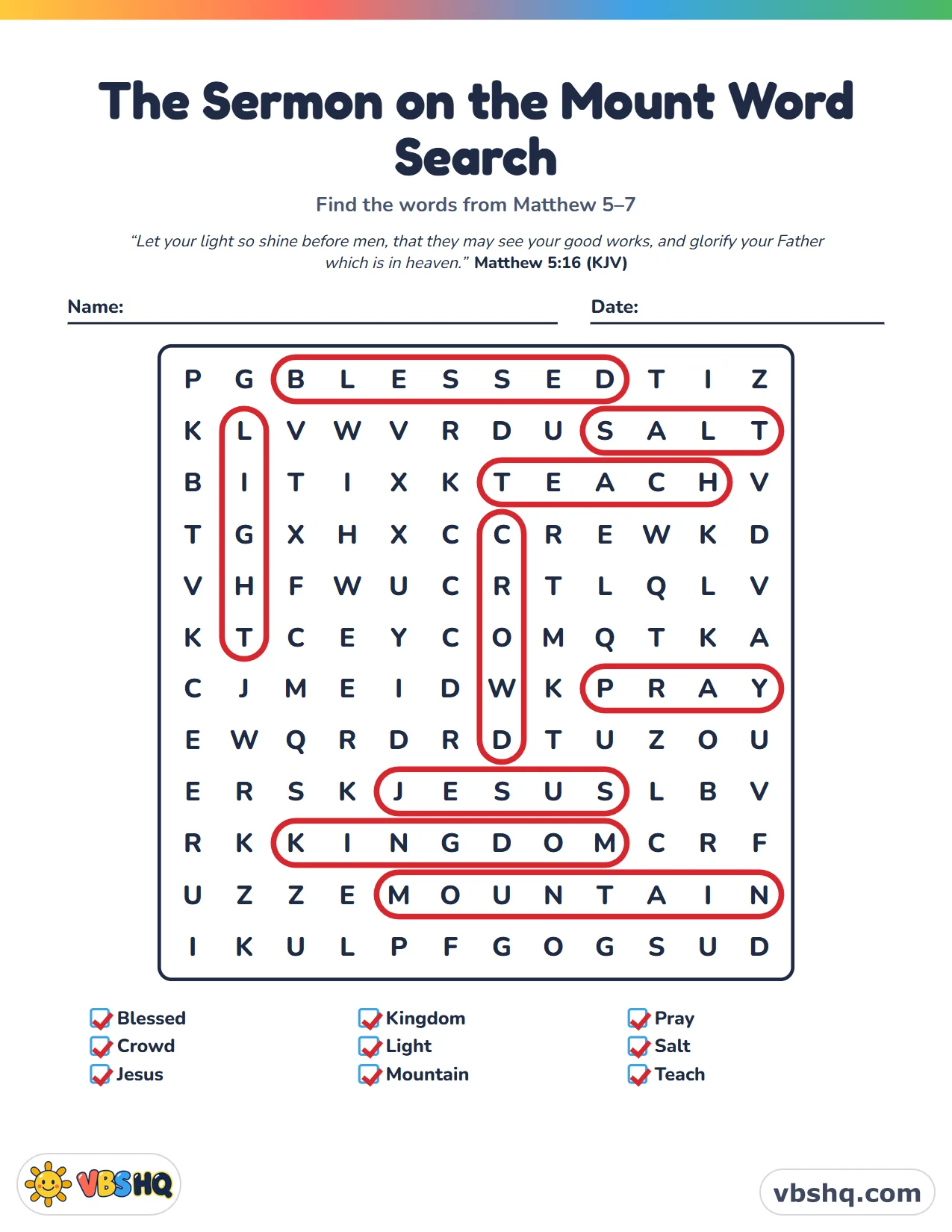 The Sermon on the Mount Word Search, completed
