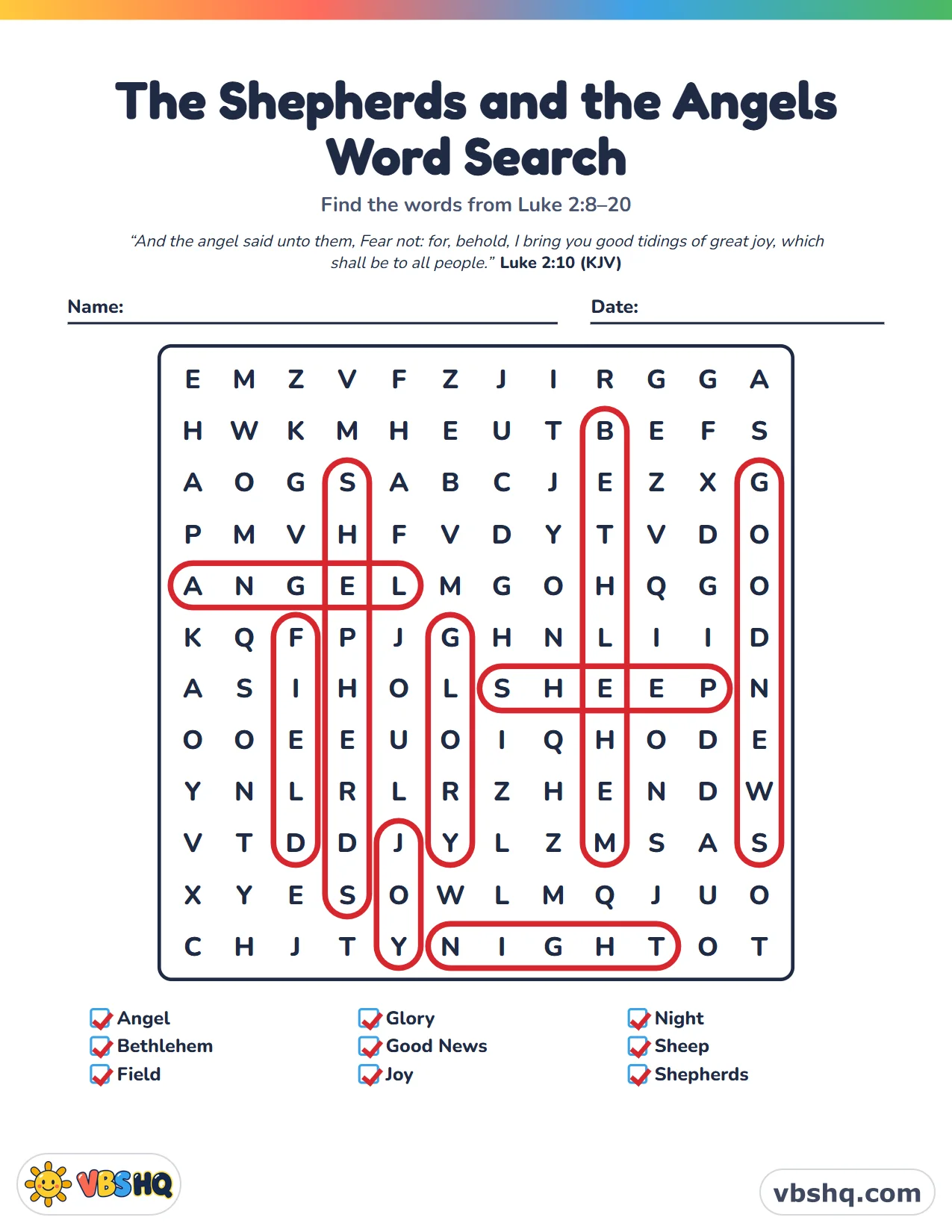 The Shepherds and the Angels Word Search, completed