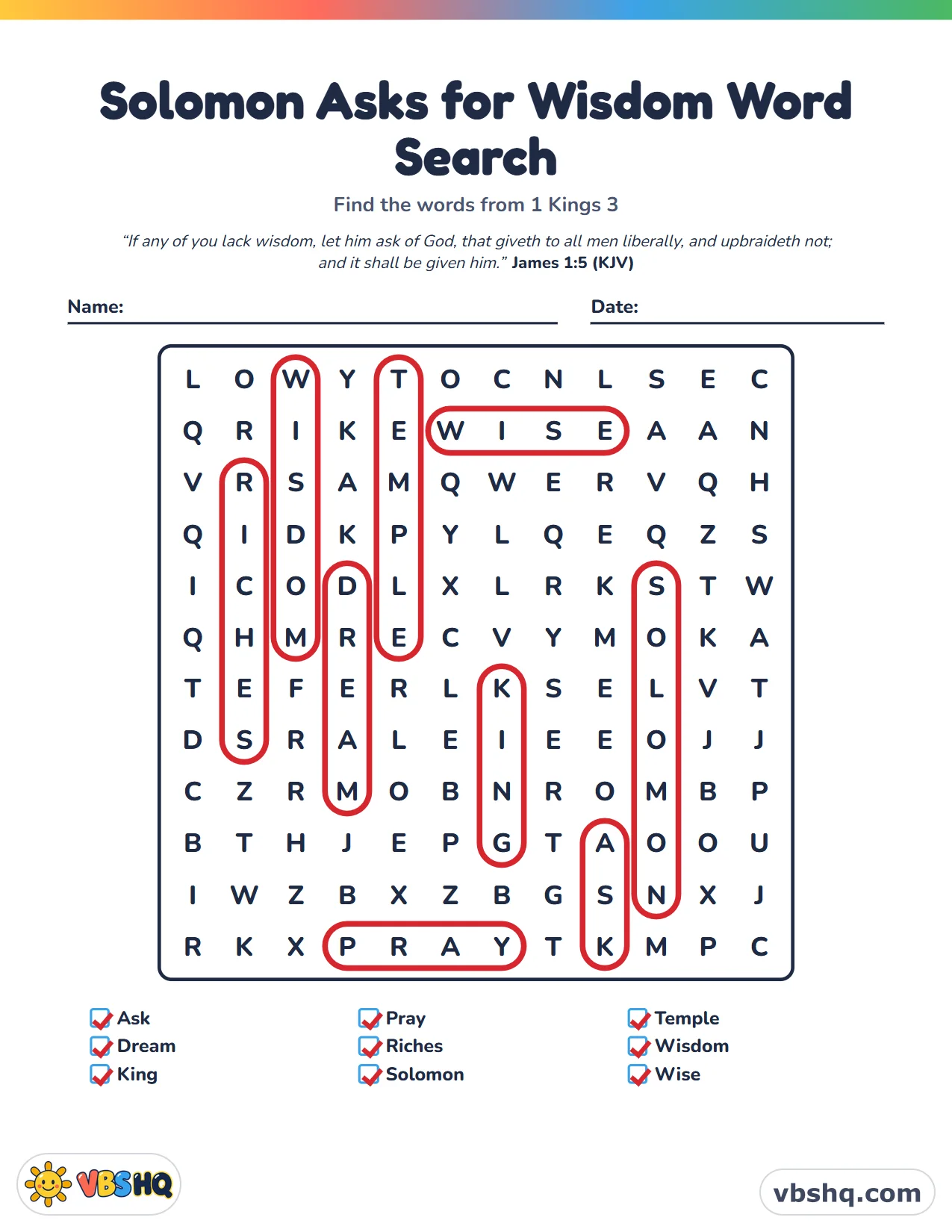 Solomon Asks for Wisdom Word Search, completed