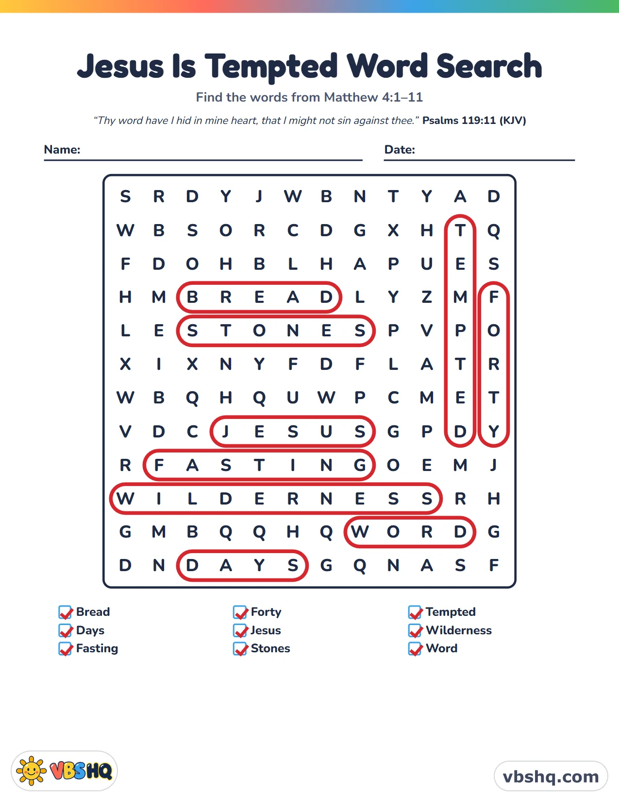 Jesus Is Tempted Word Search, completed