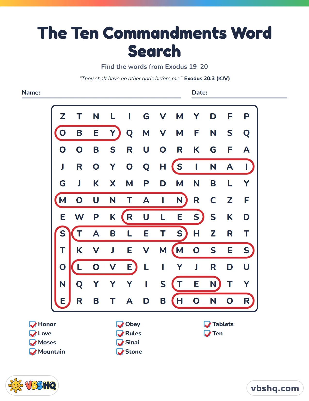 The Ten Commandments Word Search, completed