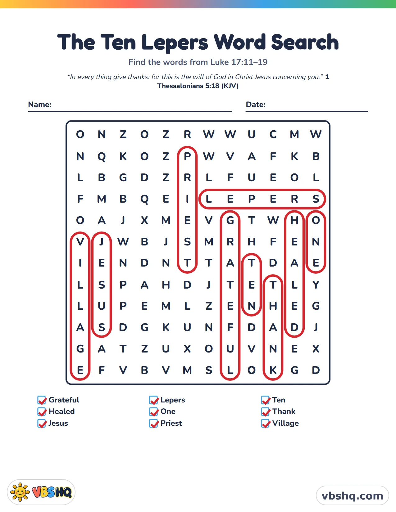 The Ten Lepers Word Search, completed
