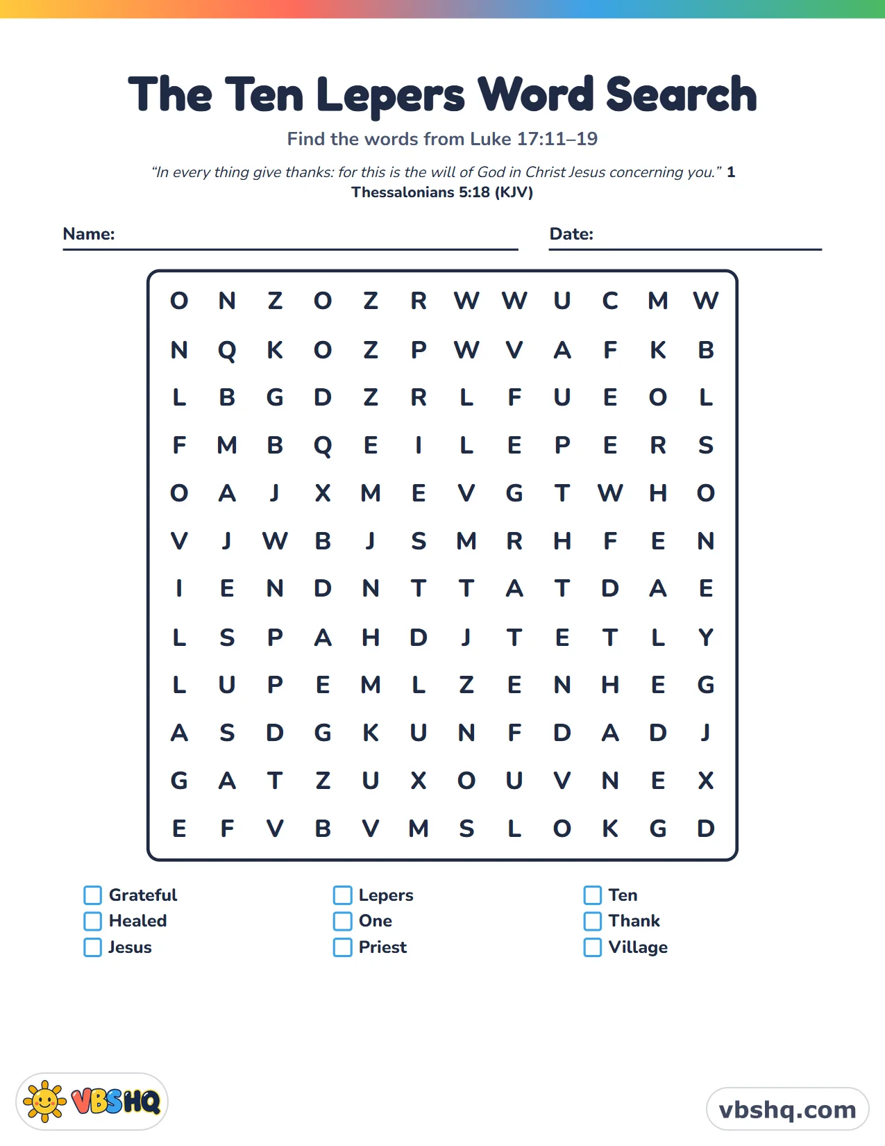 The Ten Lepers Word Search
