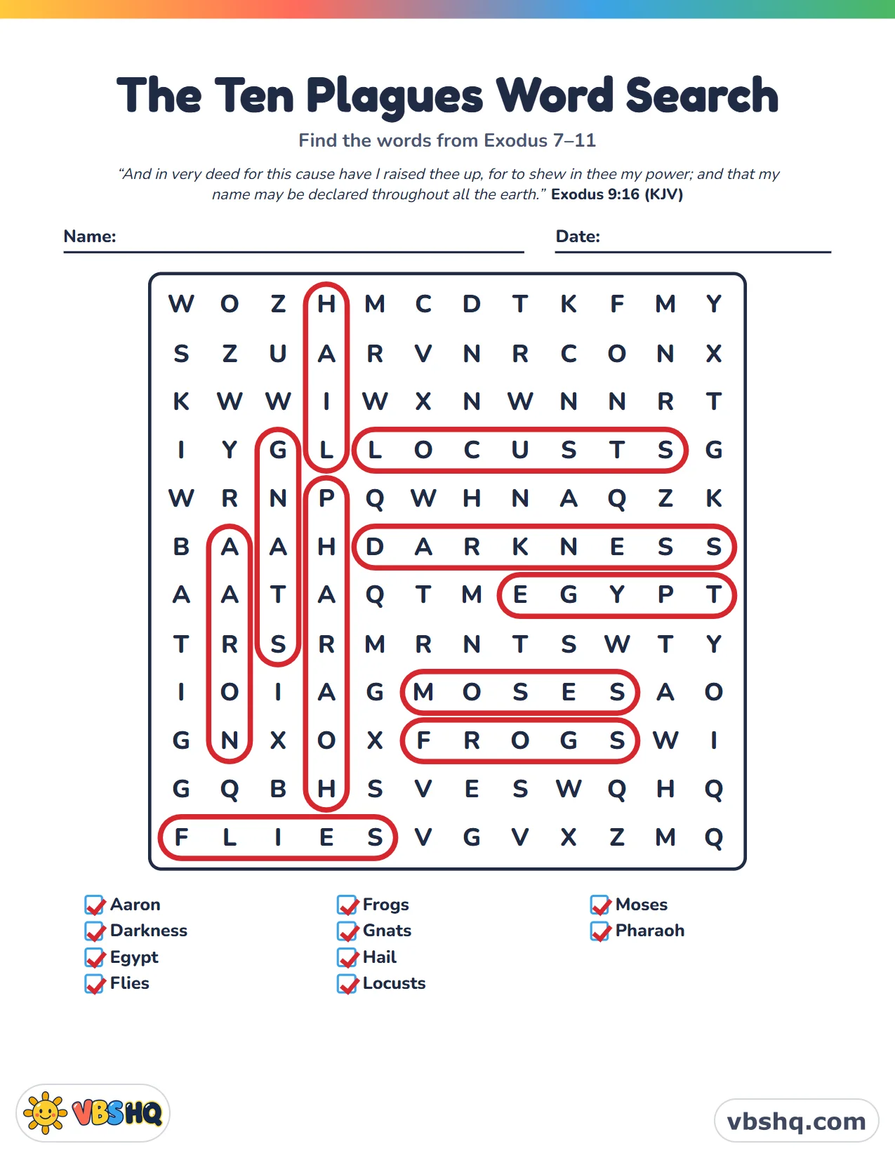 The Ten Plagues Word Search, completed