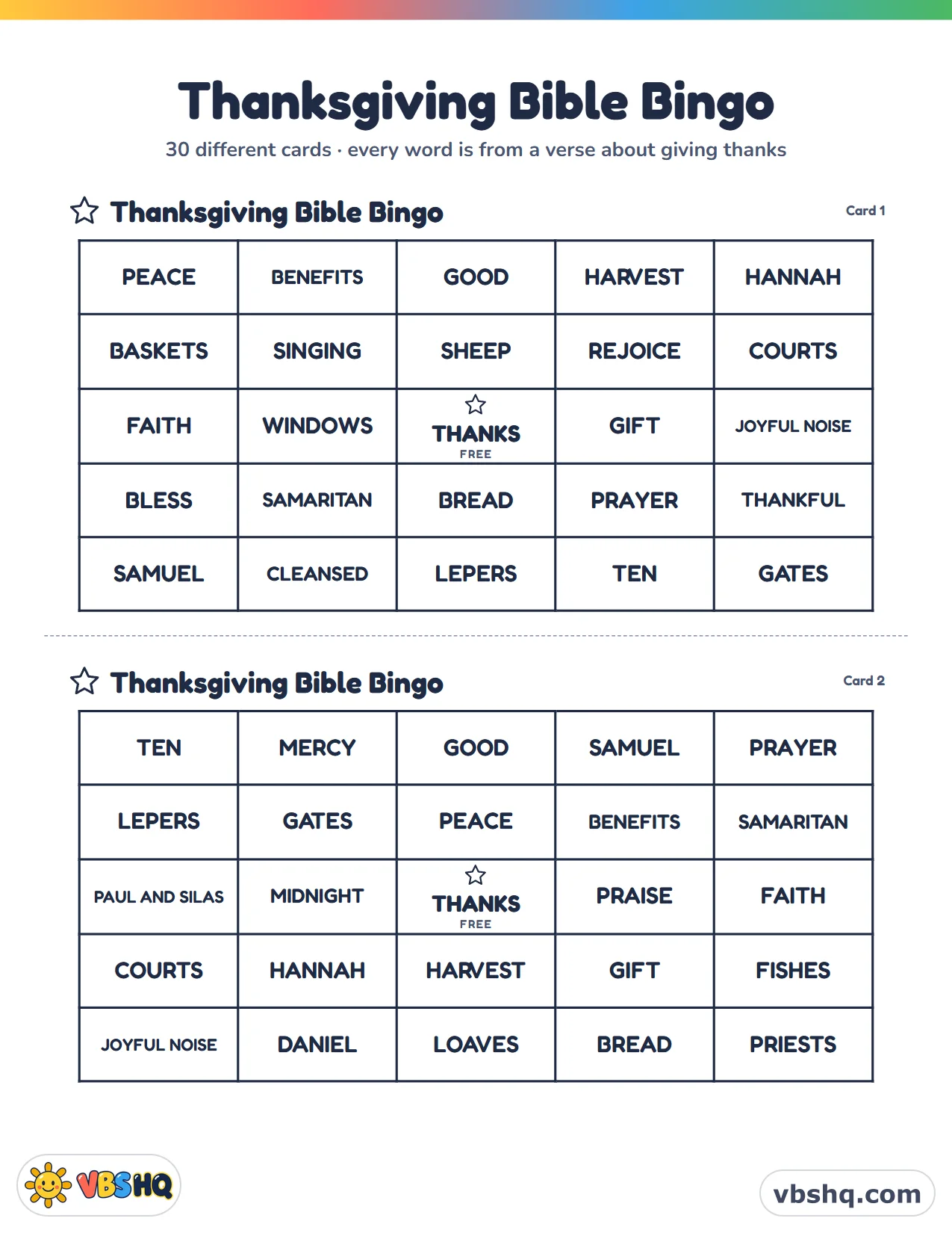 Thanksgiving Bible Bingo: Free Printable Cards for Church Kids