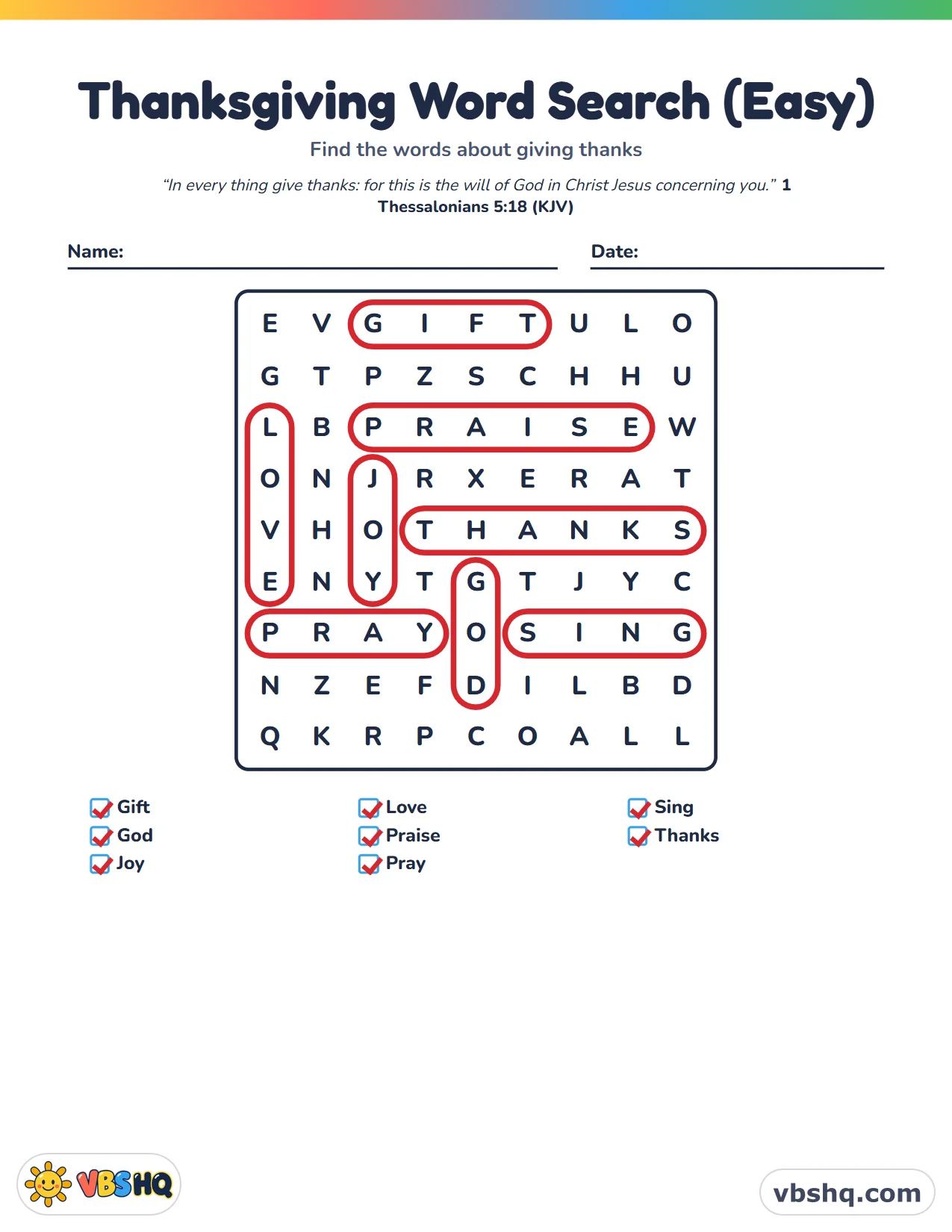 Christian Thanksgiving Word Search (Easy, Medium and Hard), completed