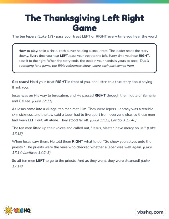 Christian Thanksgiving Left Right Game: The Ten Lepers Story