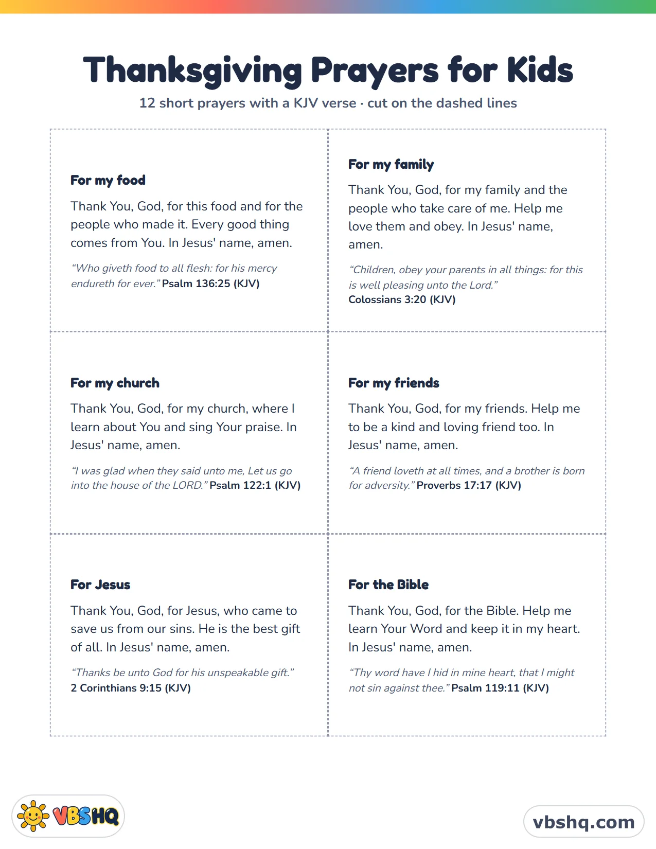 Thanksgiving Children's Prayer Cards: 12 Printable Prayers