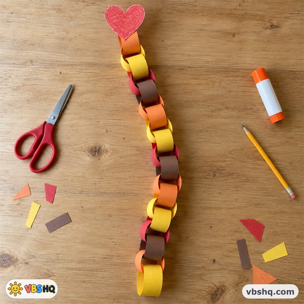 A finished thankful chain: 14 orange, yellow, red and brown paper loops with a red paper heart at the top, on a wooden table with scissors, a glue stick and a pencil