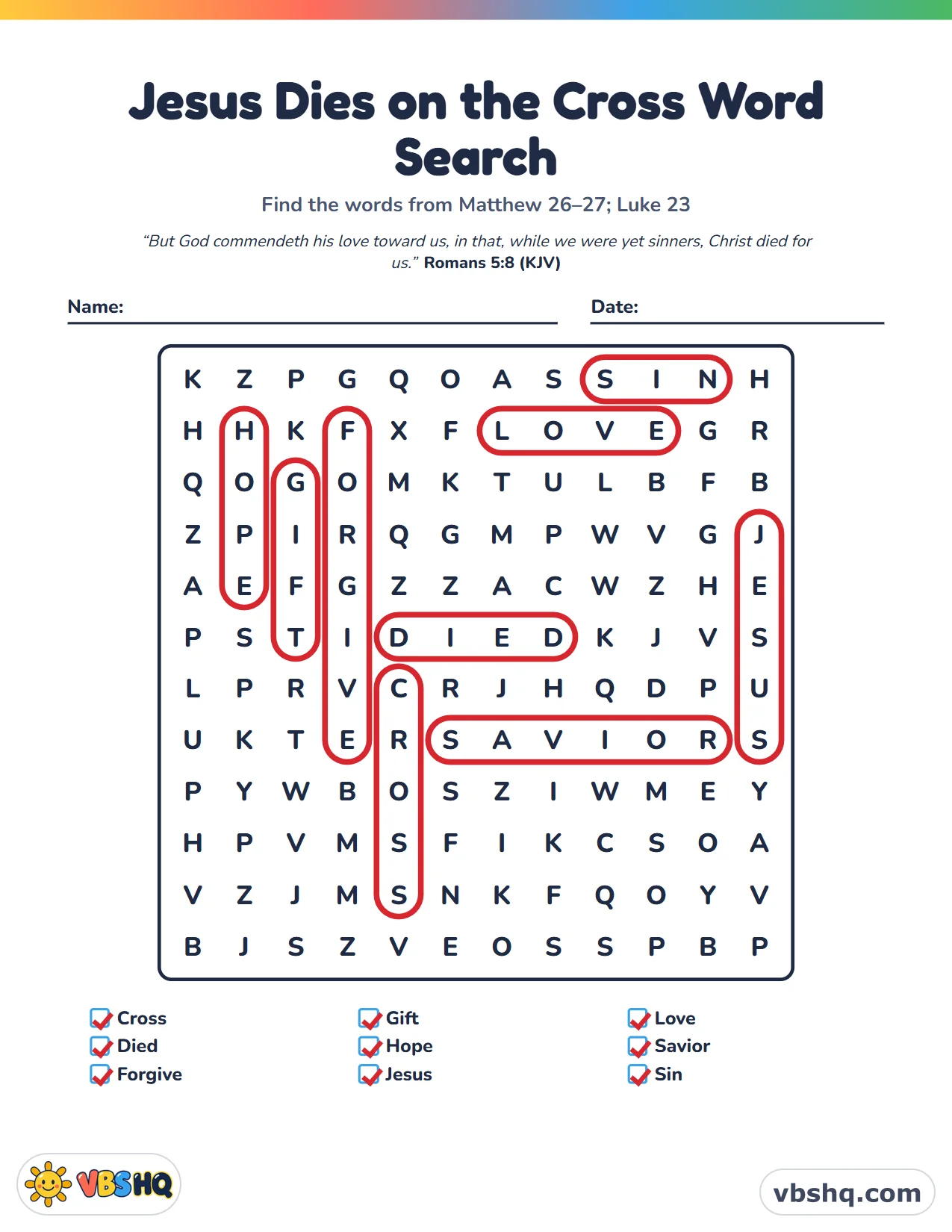 Jesus Dies on the Cross Word Search, completed
