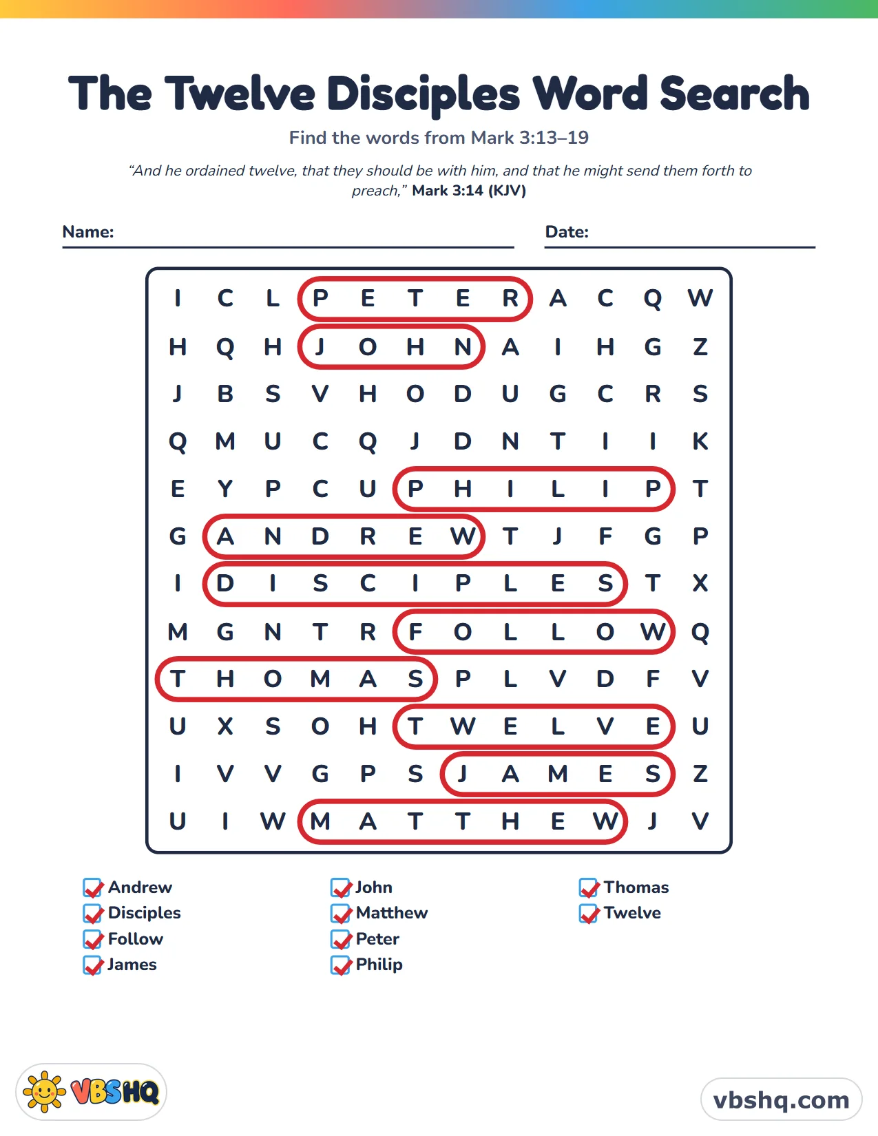 The Twelve Disciples Word Search, completed
