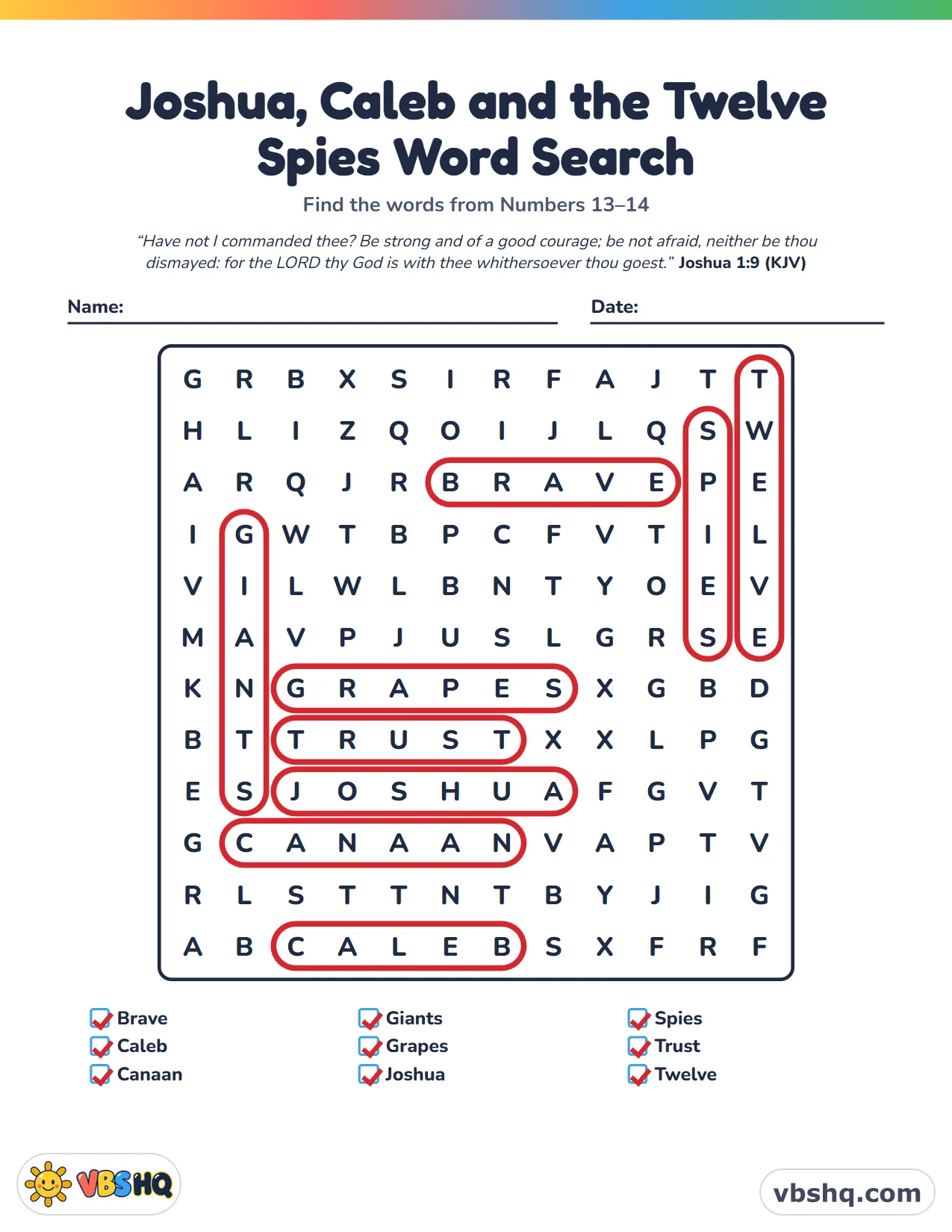 Joshua, Caleb and the Twelve Spies Word Search, completed
