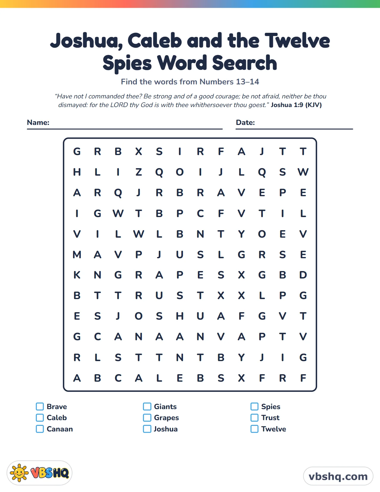 Joshua, Caleb and the Twelve Spies Word Search