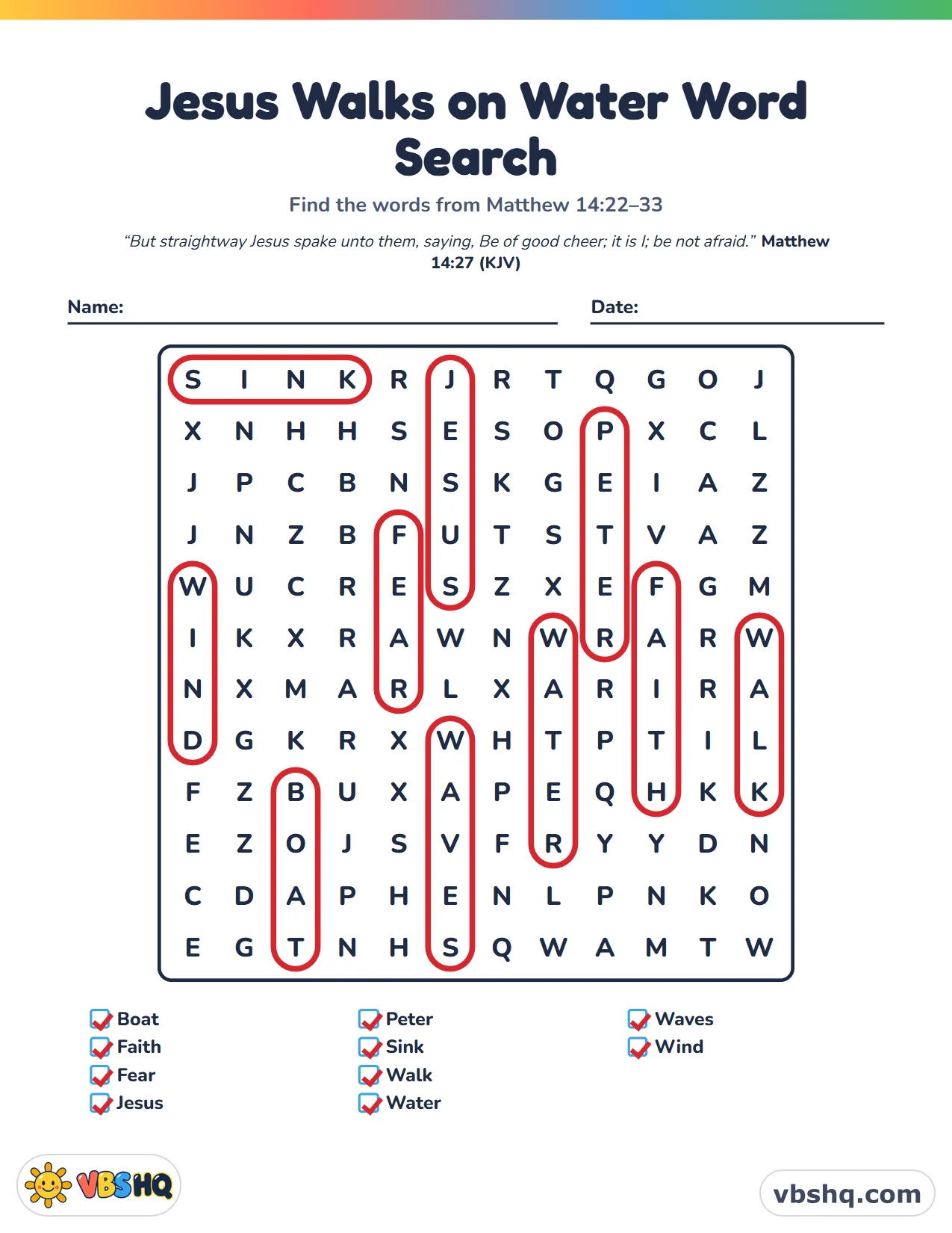 Jesus Walks on Water Word Search, completed