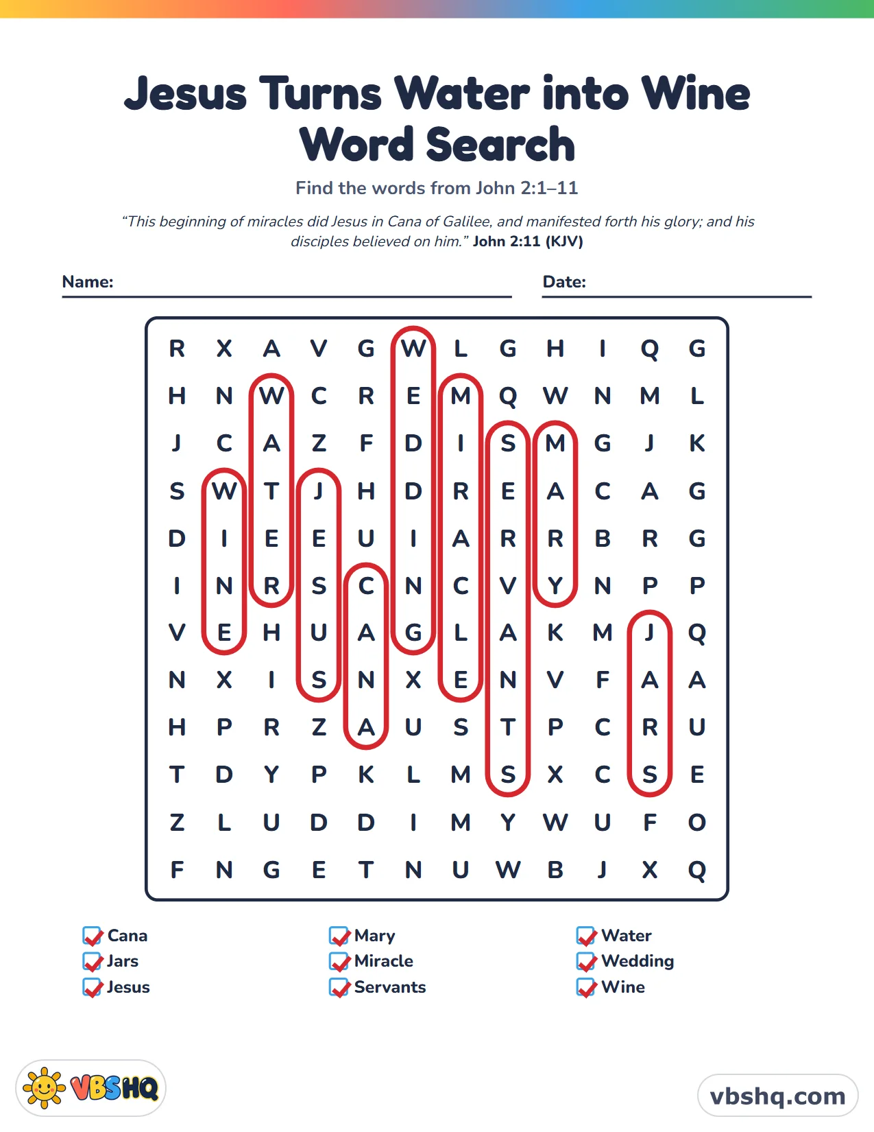 Jesus Turns Water into Wine Word Search, completed