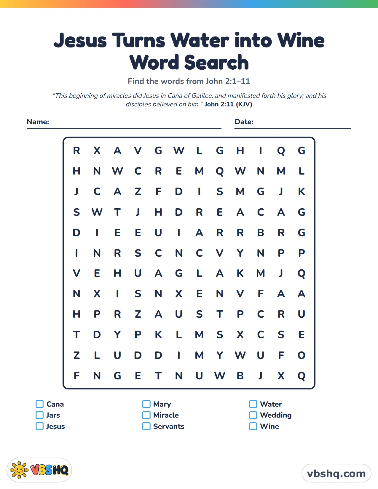 Jesus Turns Water into Wine Word Search