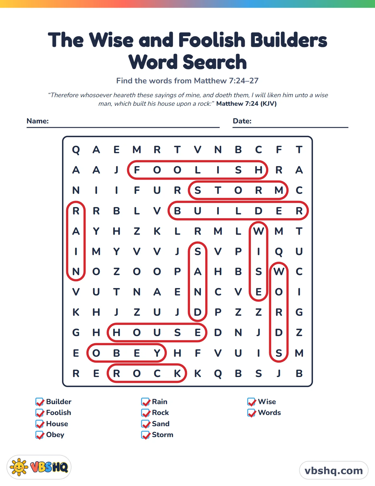 The Wise and Foolish Builders Word Search, completed
