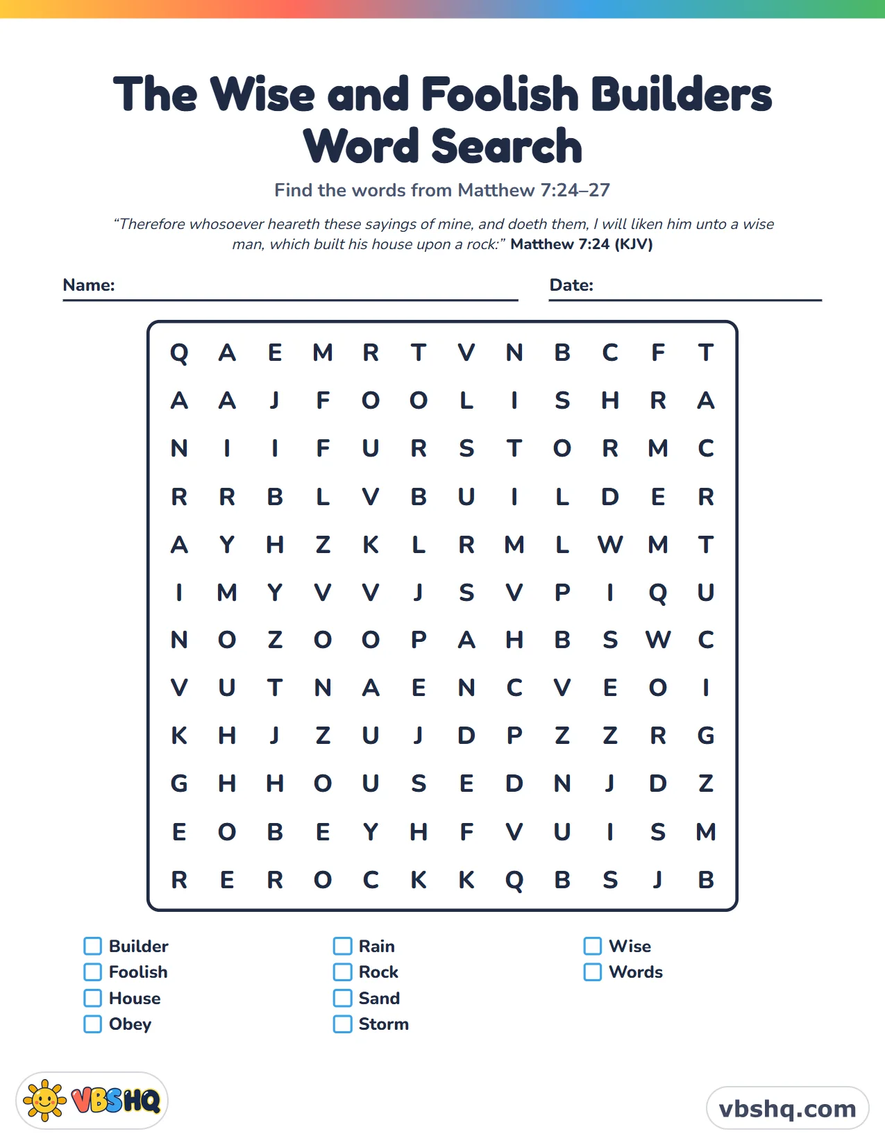 The Wise and Foolish Builders Word Search