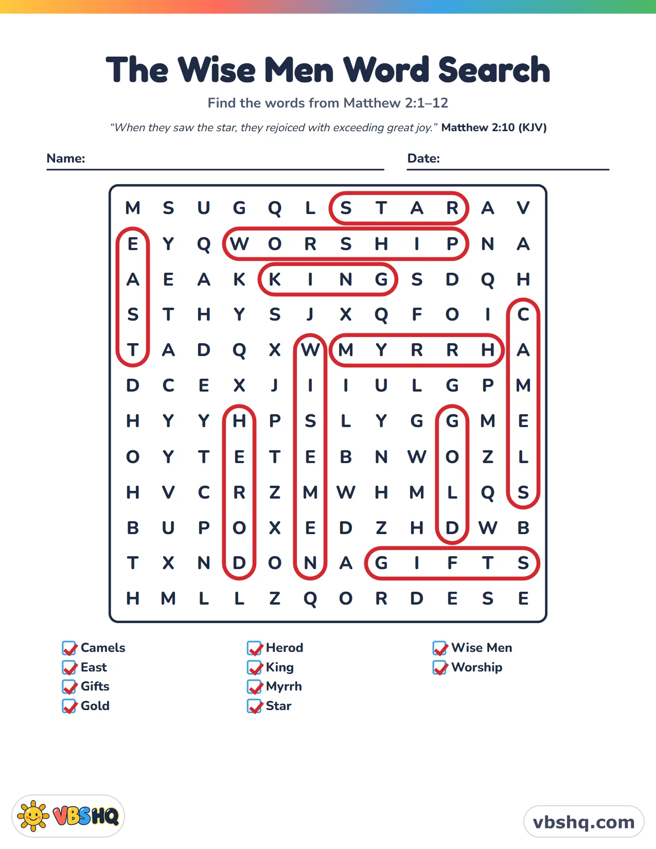 The Wise Men Word Search, completed