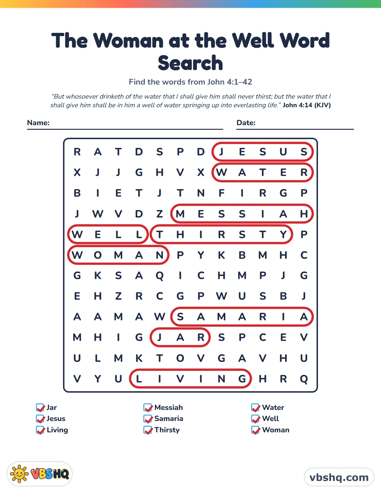 The Woman at the Well Word Search, completed