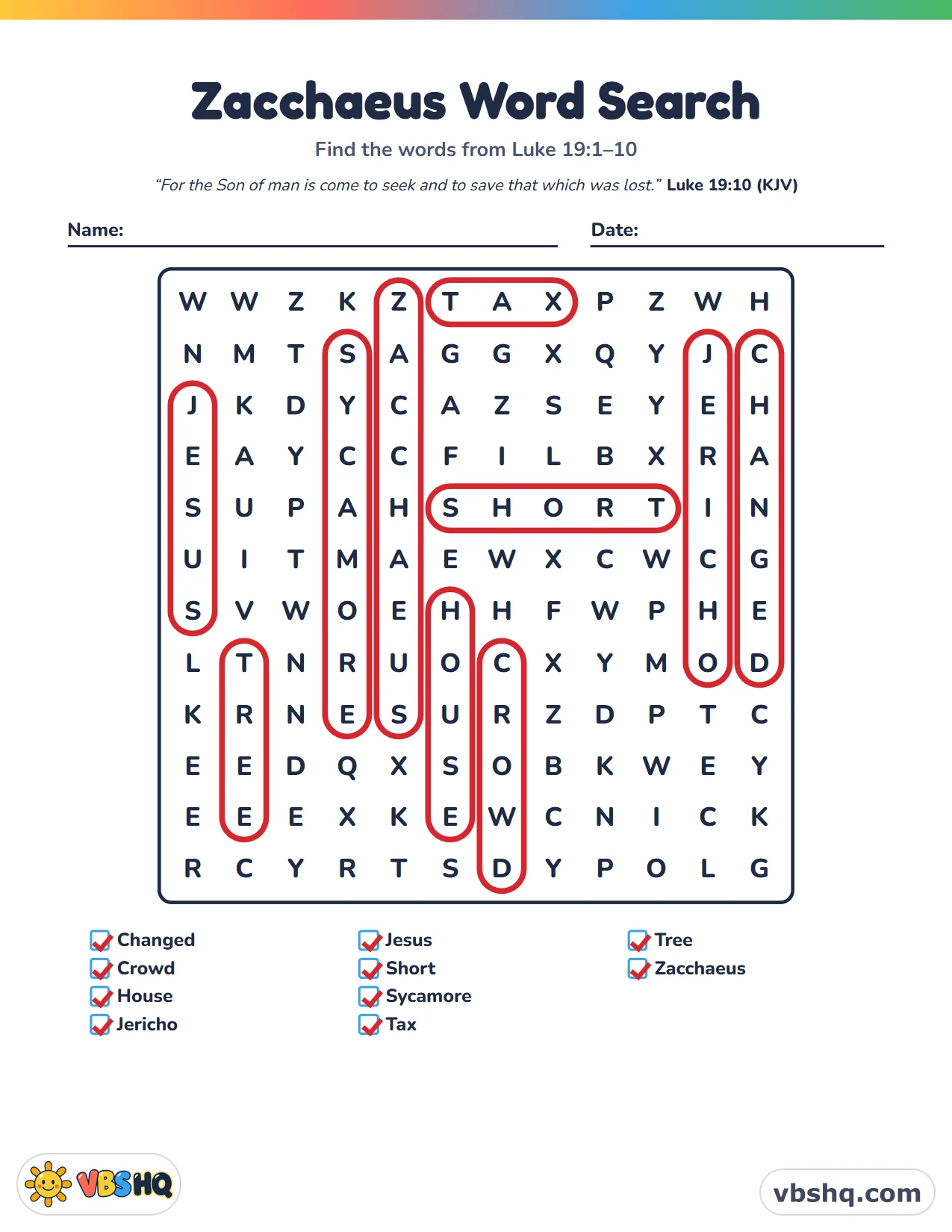 Zacchaeus Word Search, completed