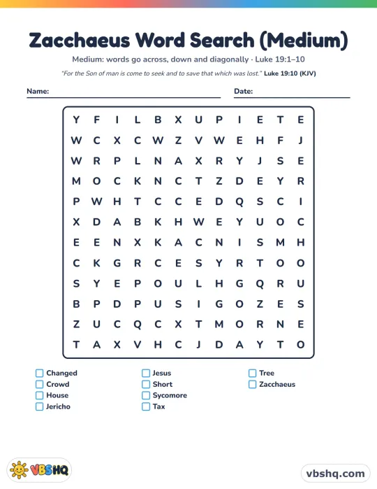 Zacchaeus Word Search (Easy, Medium and Hard)